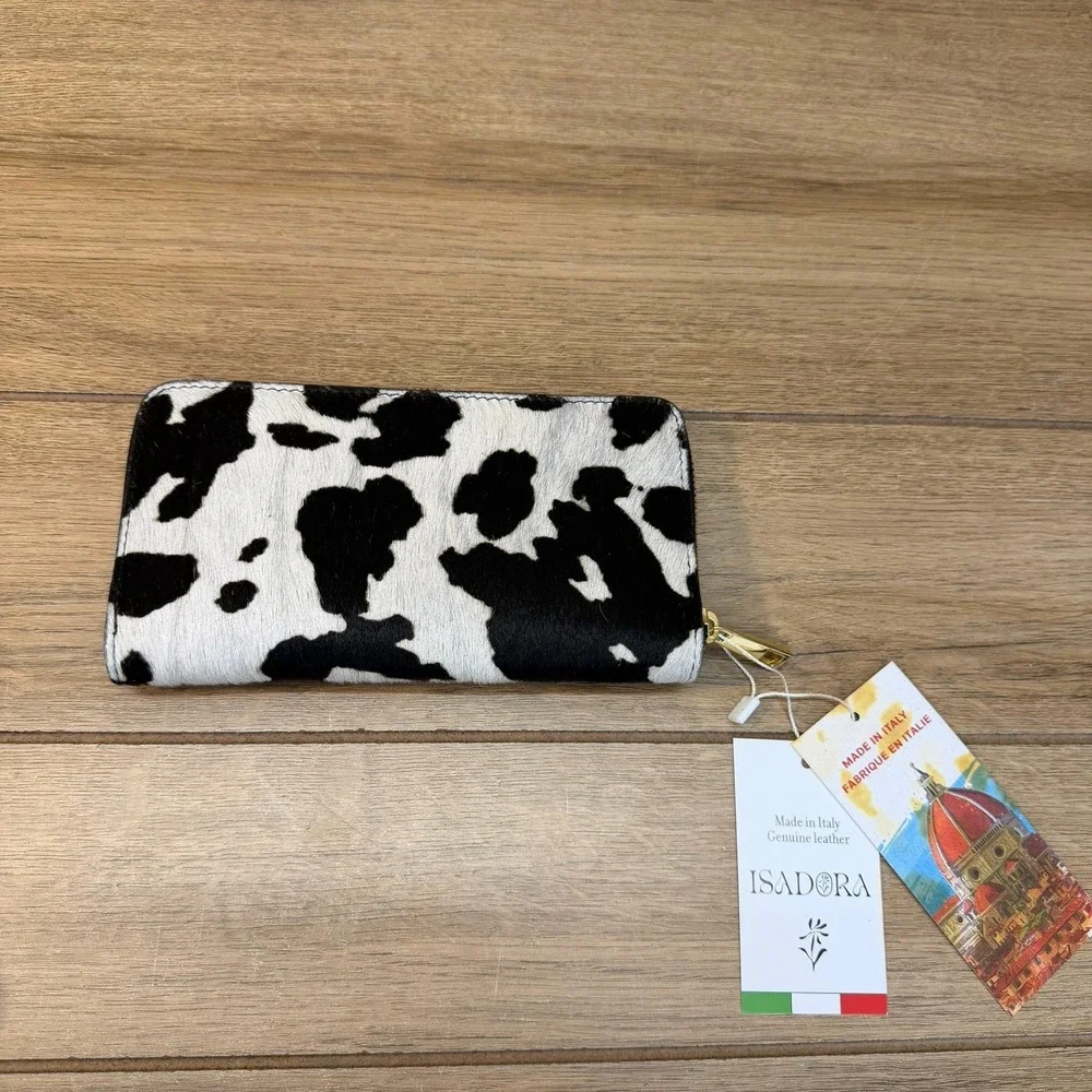 Isadora Leather Cowhide Hair on Hide Zip Around Wallet Italy Western Boho NEW